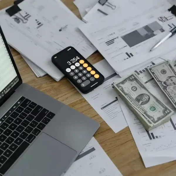 a table with money, phone, and a laptop with excel sheet on it