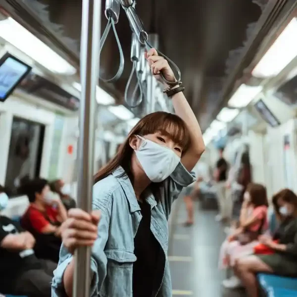 A woman wearing a face mask on a subway