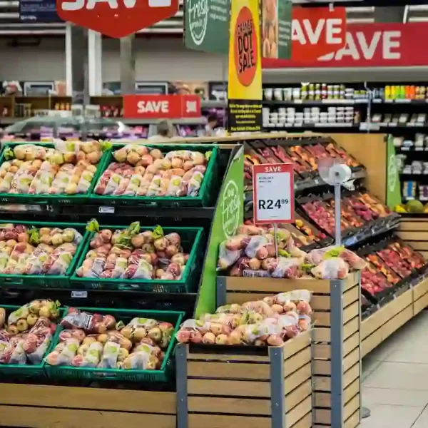 a section of different vegetables and fruits in a supermarket