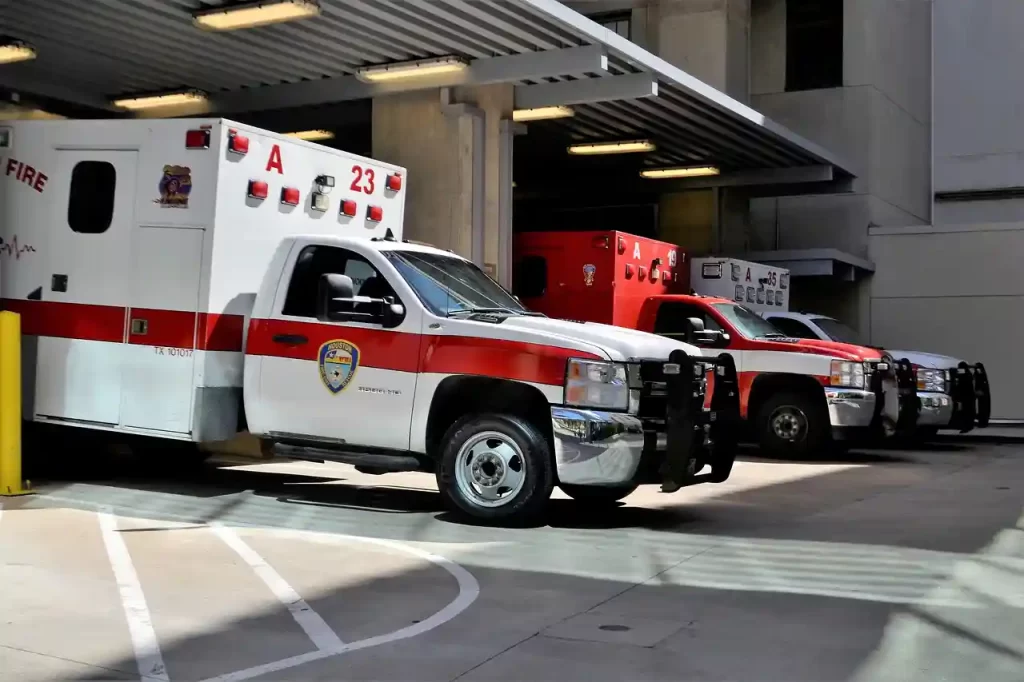 Ambulances standing in front of a emergency room