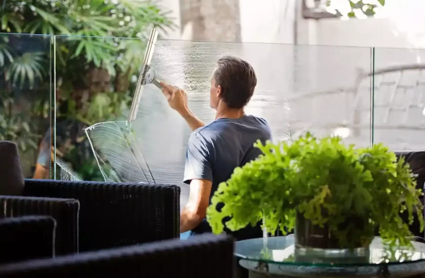 Man in gray shirt cleaning clear glass near a sofa