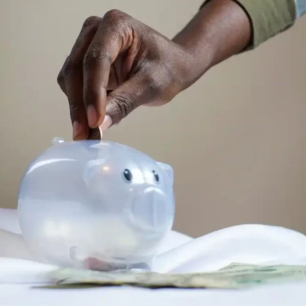 A person putting a coin in a piggy bank