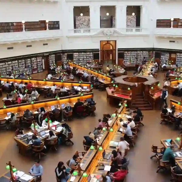 Many people sitting inside a room that looks like a library, looking at computers