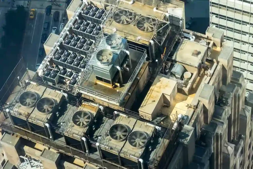 Aerial photography of a building with tons of air conditioning fans on it