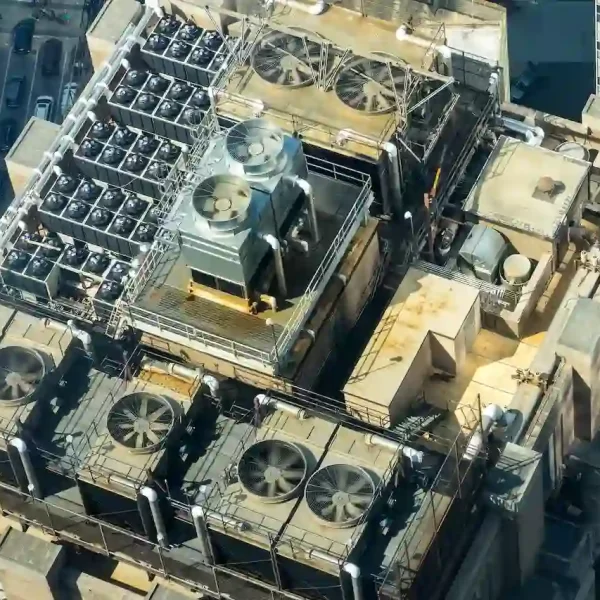 Aerial photography of a building with tons of air conditioning fans on it