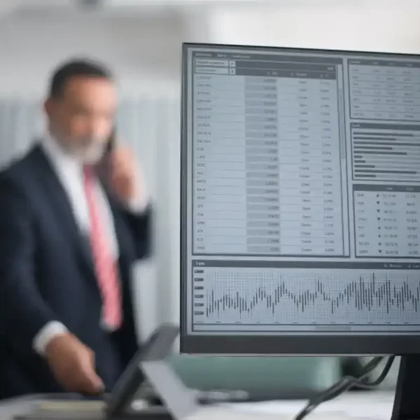 Stock market data displayed on computer with an out of focus man calling someone in the background