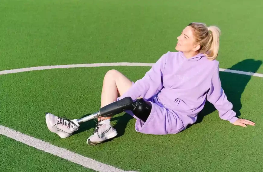 A woman with leg prosthesis on a sports court